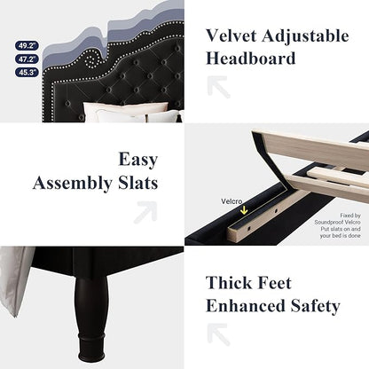 Allewie Queen Velvet Bed Frame with Adjustable Headboard, Wooden Slats, No Box Spring Needed, Easy Assembly, Black