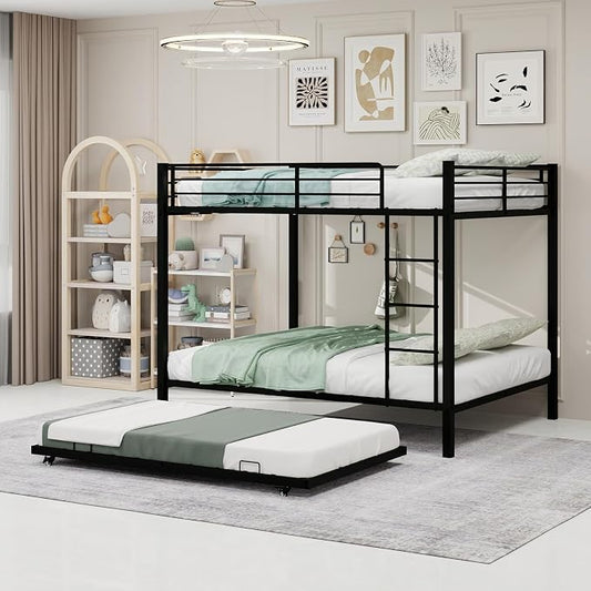 Metal Bunk Bed with Trundle, Space-Saving Bunk Bed Full Over Full with Ladders and Safety Guardrail, Heavy Duty Full Bed Frames, No Box Spring Needed and Noise Free(Black)