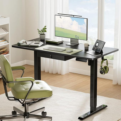 Marsail 48x24 Electric Standing Desk with Drawer, Computer Desk, Sit Stand Office Table with Storage & Hooks & Cable Management, Ergonomic Height Adjustable Table for Home Office, Black