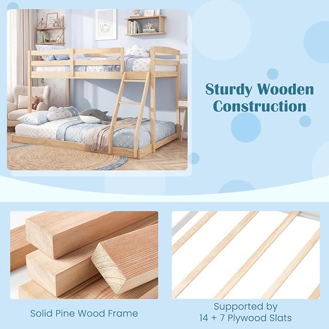 Giantex Twin Over Full Bunk Bed, Solid Wood Kids Bunk Bed with Full-Length Guardrails & Ladder, Low Bunk Beds with Slats Support for Kids, Teens, No Box Spring Needed, Natural