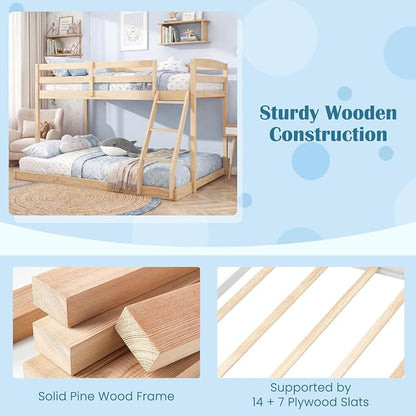 Giantex Twin Over Full Bunk Bed, Solid Wood Kids Bunk Bed with Full-Length Guardrails & Ladder, Low Bunk Beds with Slats Support for Kids, Teens, No Box Spring Needed, Natural