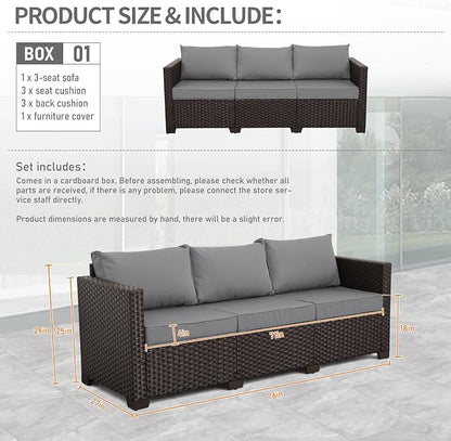 Valita Patio Furniture 3-seat Sofa Brown Wicker Outdoor Furniture Outdoor Couch Deep Seat High Backrest Waterproof Cover Anti-Slip Washable Cushions, Grey