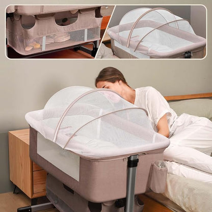 Soobaby Baby Crib,3 in 1 Bedside Crib Adjustable Portable Bed for Infant,Bassinet Baby Newborn Must Have Bed, Khaki