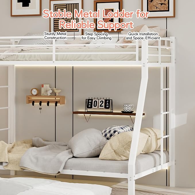 Metal Bunk Bed with Trundle, Space-Saving Bunk Bed Twin Over Full with Ladders and Safety Guardrail, Heavy Duty Twin Bed Frames, No Box Spring Needed and Noise Free(White)