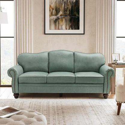 81" Genuine Leather Sofa, Classic 3-Seater Couchs with Wood Legs, Stylish & Comfortable Sofa for Living Room or Office, Easy Assembly and Maintain & Long-Lasting, Sage