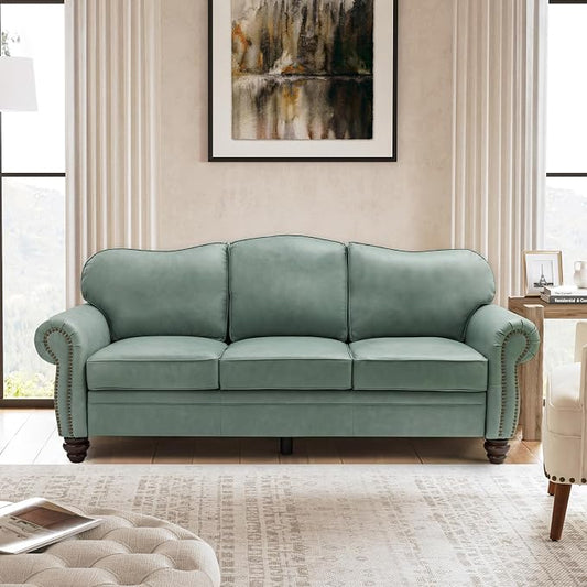 81" Genuine Leather Sofa, Classic 3-Seater Couchs with Wood Legs, Stylish & Comfortable Sofa for Living Room or Office, Easy Assembly and Maintain & Long-Lasting, Sage