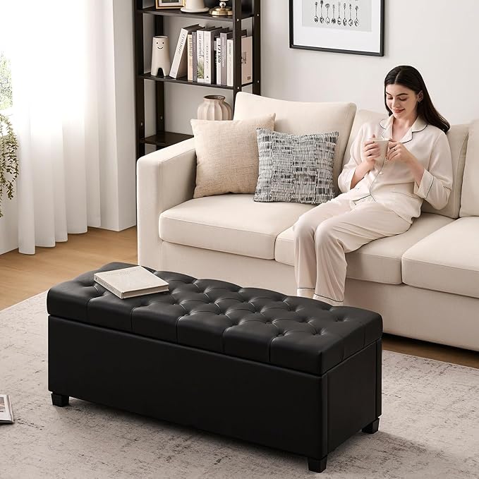 47.2" Ottoman with Storage, Storage Ottoman Bench with Safety Hinge,Tufted End of Bed Bench, Upholstered Entryway Bench for Bedroom, Living Room & Window (Black-Upgraded Version)