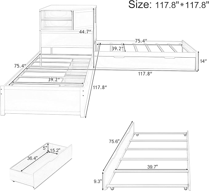 Merax L-Shaped Combination Twin Corner Platform Bed Frame with Trundle,Drawer,Built-in Desk and Led Downlight,3-in-1 Design for Bedroom