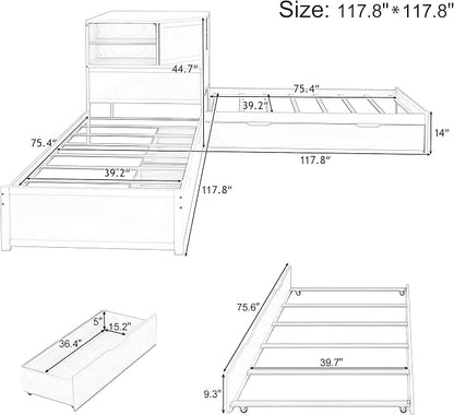 Merax L-Shaped Combination Twin Corner Platform Bed Frame with Trundle,Drawer,Built-in Desk and Led Downlight,3-in-1 Design for Bedroom