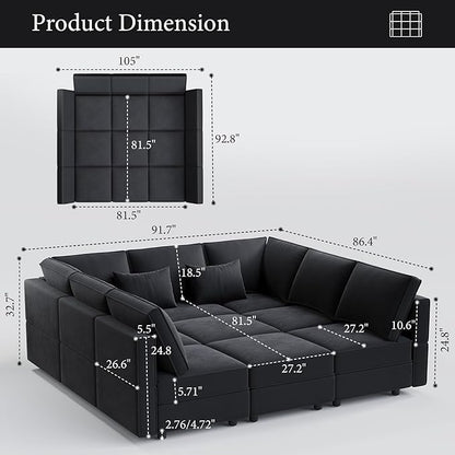 Vesgantti Modular Sectional Sofa Bed with Storage, 92" Sleeper Sofas with 9 Seats Storage Chaises Removable Cover, Luxury Large Velvet Sectional Couch for Living Room, Apartment, Home Theater, Black