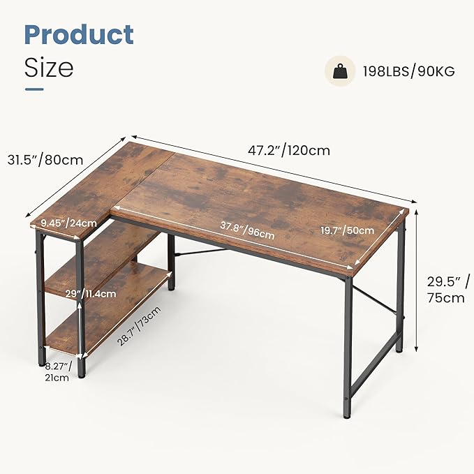 DUMOS L Shaped Desk 39 Inch Computer Desk Gaming Furniture Corner Desks Home Office PC Table with Reversible Storage Shelves for Writing Working Study Bedroom Dorm, Rustic Brown