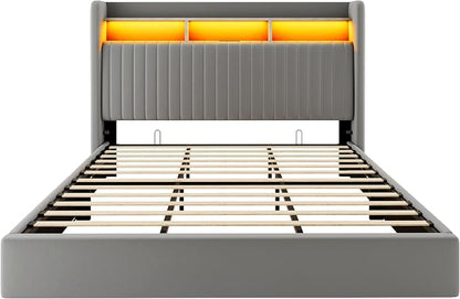 Allewie King Size Lift Up Hydraulic Storage Bed Frame, 2-Tier Shelf Headboard with LED Lights and Charging Station, USB and Type C Ports, Wingback Velvet Headboard, No Box Spring Needed, Gray