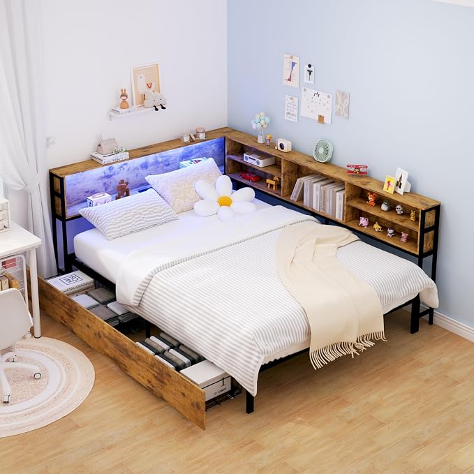 KEIKI Full Size Corner Bed Frames with Storage Drawers, Charging Station, Led Light & Bookcase Headboard, Wooden & Metal L-Shaped Captain Daybed for Small Room, Bedroom, Guest Room, kids'Room, Brown