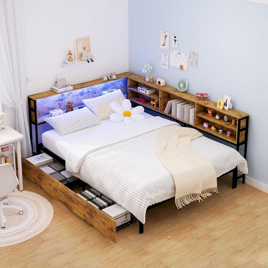 KEIKI Full Size Corner Bed Frames with Storage Drawers, Charging Station, Led Light & Bookcase Headboard, Wooden & Metal L-Shaped Captain Daybed for Small Room, Bedroom, Guest Room, kids'Room, Brown