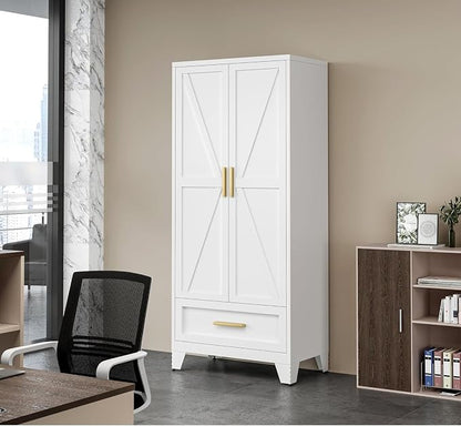 QINPTWUT 71" Tall Metal Wardrobe with Doors, Hanging Rod & Adjustable Shelf, Freestanding Steel Armoire for Bedroom Home Office, 1-Drawer White