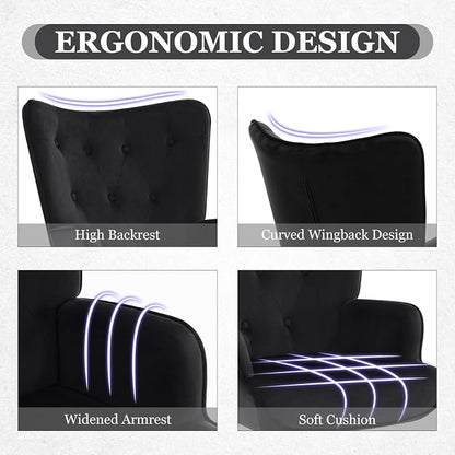 Furnimart Black Velvet Accent Chair Mid Century Modern Living Room Chairs; Comfy Armchair Leisure Vanity Guest Wingback Chair for Office Study Vanity Bedroom Waiting Room