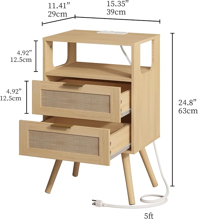 JOONEE Rattan Nightstand with Charging Station,Farmhouse Bedside Table with 2 Storage Drawer and Open Wood Shelf, for Bedroom and Small Spaces,Night Stand with Solid Wood Legs (Yellow Oak-Outlet)