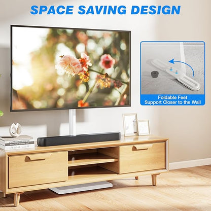 Rfiver Floor TV Stand with Mount for 32-65 inch TVs up to 88 lbs, Swivel Height AdjustableTV Floor Stand, Tall TV Stand with Wood Base, Saving Space Design for Living Room, Bedroom and Corner
