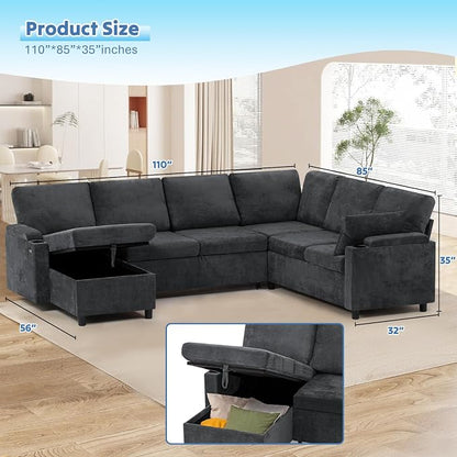 110" Chenille Sectional Sofa w/Pull Out Bed & Storage Chaise, Grey | Reversible U Shape Sofa w/Storage Armrests & Cup Holders, Corner Couch w/USB Charging Port & Throw Pillows for Living Room