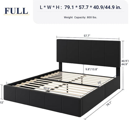 Allewie Full Size Dutch Velvet Upholstered Platform Bed Frame/Vertical Channel Tufted Adjustable Headboard/Low Profile Bed Frame/No Box Spring Needed/Easy Assembly/Black
