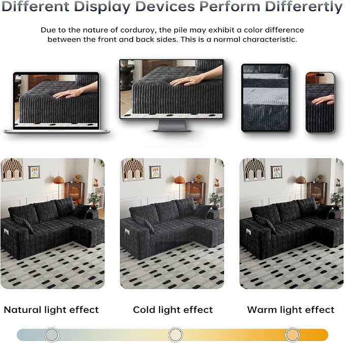 Cloud Boneless Sectional Couches with Oversized Chaise for Living Room, Modular L Shaped Couch with Deep Seat, Memory Foam Compressed 3 Seater Sofa for Apartment