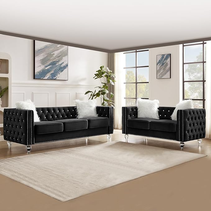 60" Chesterfield Sofa, Velvet Mid-Century Modern Upholstered Loveseat Sofa with 2 Throw Pillows and Acrylic Legs, Nailhead Button Tufted Vintage Couch for Living Room, Apartment, Black