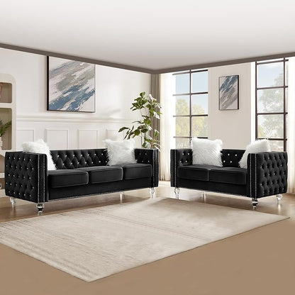 60" Chesterfield Sofa, Velvet Mid-Century Modern Upholstered Loveseat Sofa with 2 Throw Pillows and Acrylic Legs, Nailhead Button Tufted Vintage Couch for Living Room, Apartment, Black