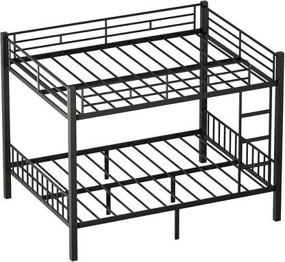 Mixcous Queen Over Queen Bunk Bed, Heavy Duty Metal Queen Bunk Bed Frame with Full-Length Guardrails & EVA Anti-Slip Ladder for Adults, Noise-Free, No Box Spring Needed, Black