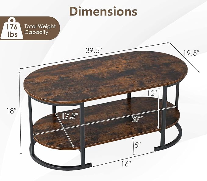Giantex 2-Tier Coffee Table, Oval Center Table with Wood Grain Top & Open Storage Shelf, Modern Accent Table with Heavy Duty Metal Frame, Cocktail Table for Living Room Reception (Rustic Brown)