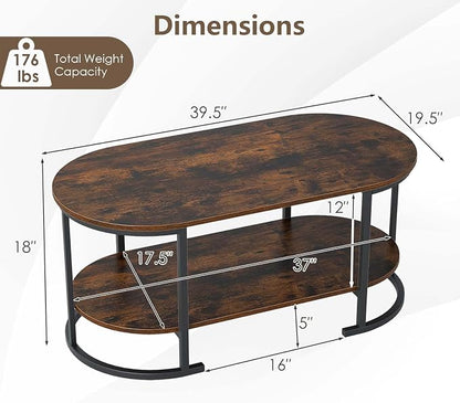 Giantex 2-Tier Coffee Table, Oval Center Table with Wood Grain Top & Open Storage Shelf, Modern Accent Table with Heavy Duty Metal Frame, Cocktail Table for Living Room Reception (Rustic Brown)