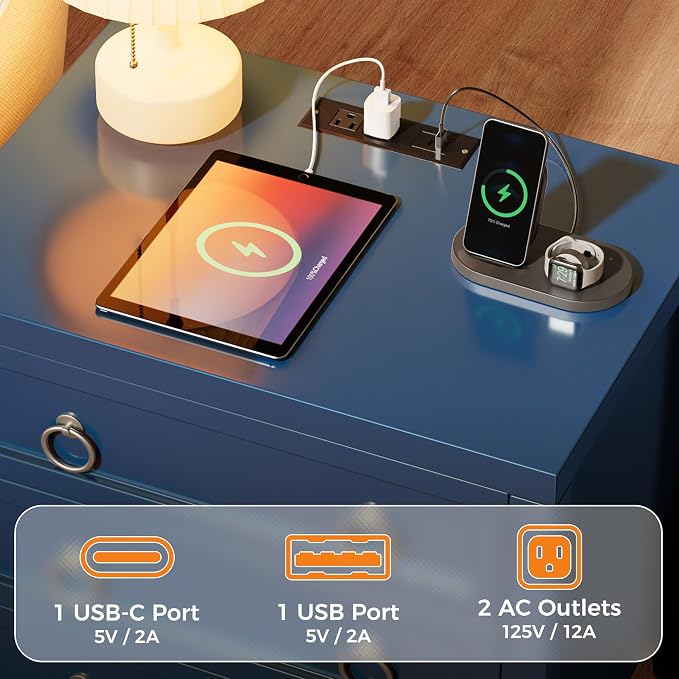 Huuger 23.6 Inch Night Stand with Charger Station and USB-C Port, 3 Drawer Nightstands Set of 2, Larger Wider Bedside Table, Modern End Table, for Bedroom, Blue Nightstand