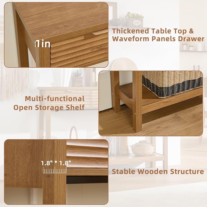 LEYAOYAO Fluted 47.2" Console Table with 3 Drawers, Modern Wood 2 Tier Entryway Table with Open Storage Shelf, Boho Sofa Entry Tables Behind Couch for Living Room, Hallway, Entrance Foyer, Tea Brown