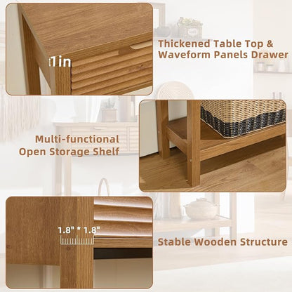 LEYAOYAO Fluted 47.2" Console Table with 3 Drawers, Modern Wood 2 Tier Entryway Table with Open Storage Shelf, Boho Sofa Entry Tables Behind Couch for Living Room, Hallway, Entrance Foyer, Tea Brown