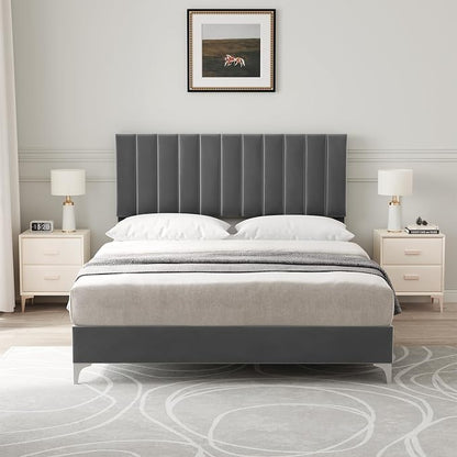 IDEALHOUSE Queen Size Bed Frame with Adjustable Headboard, Velvet Upholstered Platform Bed Frame with Wooden Slats Support, Queen Bed Frame with Under Space, Easy Assembly, Dark Grey