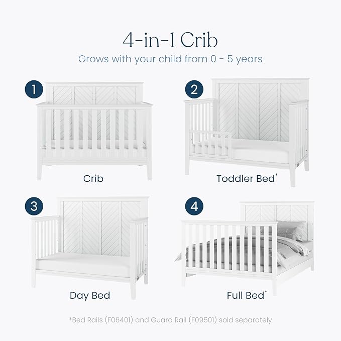 Child Craft Atwood 4-in-1 Convertible Baby Crib, Wooden Nursery Furniture Converts to Daybed, Toddler Bed and Full-Size Bed, 3 Mattress Height Adjustments, Non-Toxic Baby Safe Finish, Matte White | 4-in-1 Crib