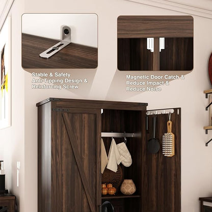 Farmhouse Storage Cabinet with Adjustable Shelves, Large Pantry Organize with 2 Barn Doors, Tall Freestanding Cabinet for Kitchen, Bathroom, Garage, Basement, Living, Utility Room, Rustic Brown
