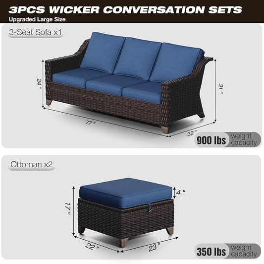 Joyside Patio Furniture Set, 3 Pieces Outdoor Wicker High Back Sofa with Ottoman and Comfy Cushions, Upgraded Large Size, All Weather High Back Conversation Set, (Brown/Blue)