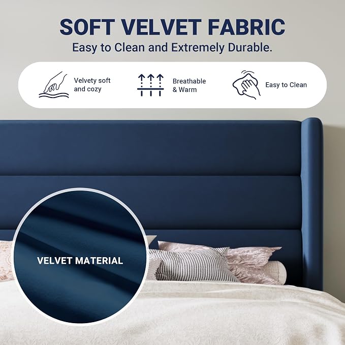 Allewie King Size Platform Bed Frame with Velvet Upholstered Wingback Headboard, No Box Spring Needed, Under Bed Storage Space, Wooden Slats, Modern Mattress Foundation, Easy Assembly, Blue
