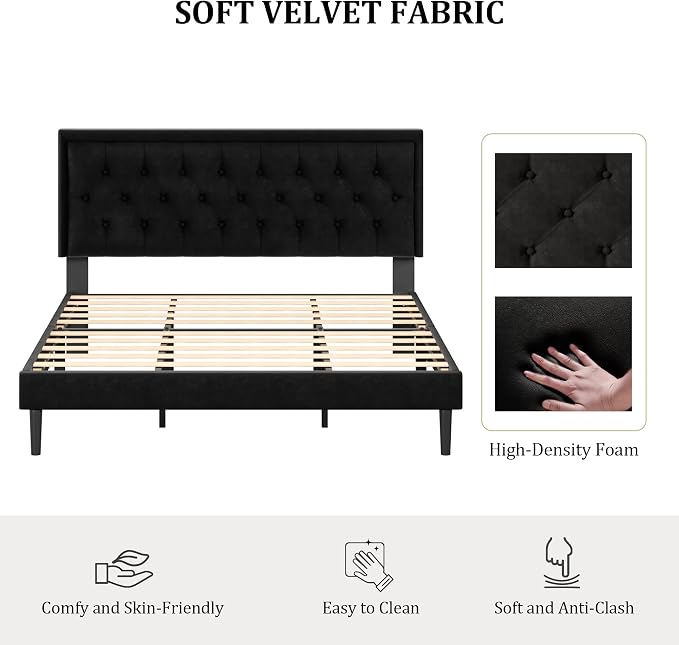 CXVX King Size Platform Bed Frame with Upholstered Velvet Button Tufted Headboard, Mattress Foundation with Wooden Slat Support, No Box Spring Needed, Easy Assembly, Noise Free, Black.