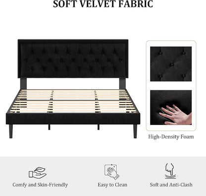 CXVX King Size Platform Bed Frame with Upholstered Velvet Button Tufted Headboard, Mattress Foundation with Wooden Slat Support, No Box Spring Needed, Easy Assembly, Noise Free, Black.