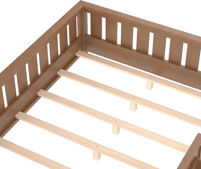 Bellemave Natural Montessori Floor Bed with Fence and Slats, Full Size Montessori Floor Bed with Bookcase and High Rails, Easy Assemble Bed Frame for Girls, Boys, Full
