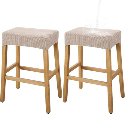 YISUN Stool Covers Rectangle - 2 Pack Stretch Waterproof Saddle Seat Cover Counter Bar Stools Bar Chairs Covers Kitchen Island Chairs Cushion Protector (2, Khaki)