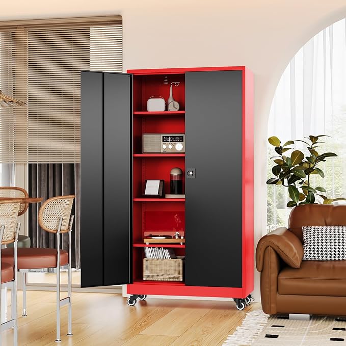 Fesbos Metal Rolling Storage Cabinet-74.6” Tall Steel File Cabinets with Wheels Lockable Doors and Adjustable Shelves-Black & Red Steel Storage Cabinet for Home, School, Office, Garage