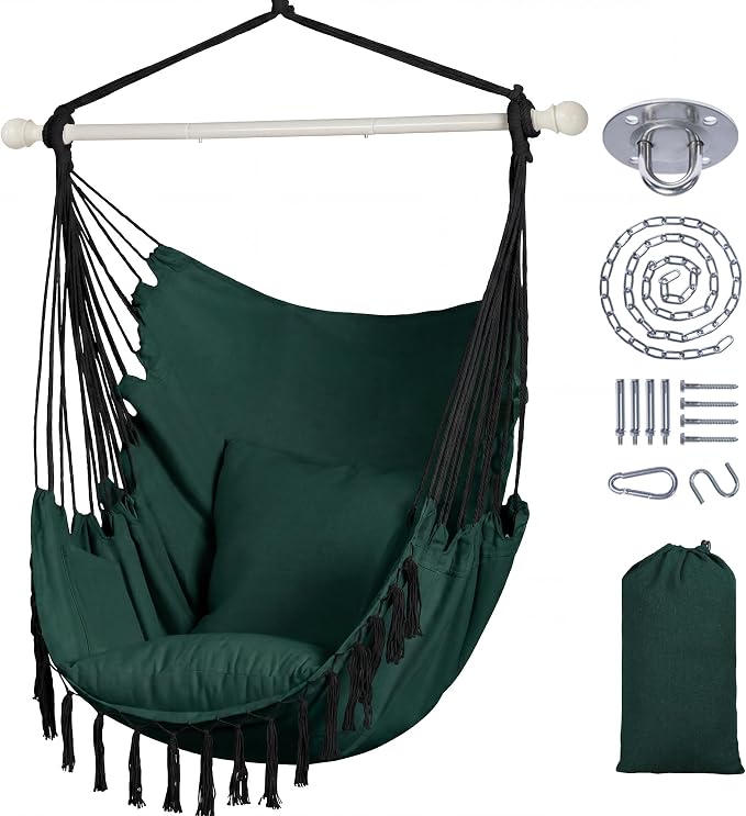 SUNCREAT Hammock Chair Hanging Rope Swing Seat-Max 450lbs Capacity, Extra Large Hanging Swing with Metal Support Bar, Side Pocket, Tassel, Green
