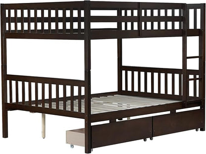 Harper & Bright Designs Full Over Full Bunk Bed with 2 Drawers, Convertible into 2 Beds, Bunk Bed with Ladder and Safety Guardrails, Espresso