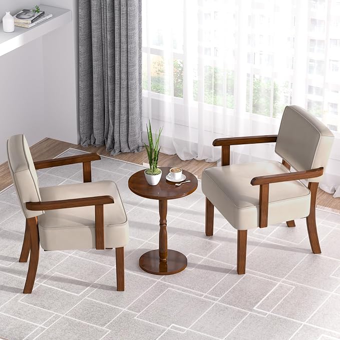 FAGAGA Accent Chairs Set of 2 with Table, PU Leather Chair for Living Room Oversized Armchair with Soft Seat and Armrests for Bedroom Dinning Reading Waiting Room (Leather Beige)