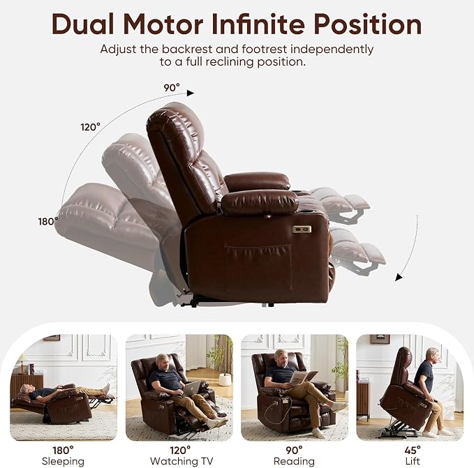 Dual Motor Power Lift Recliner Chair for Elderly with Massage and Heat, Oversized Lift Chair with Arm Storage, Lay Flat Lift Recliner for Adults, Big Tall, Infinite Position,Lving Room, Brown