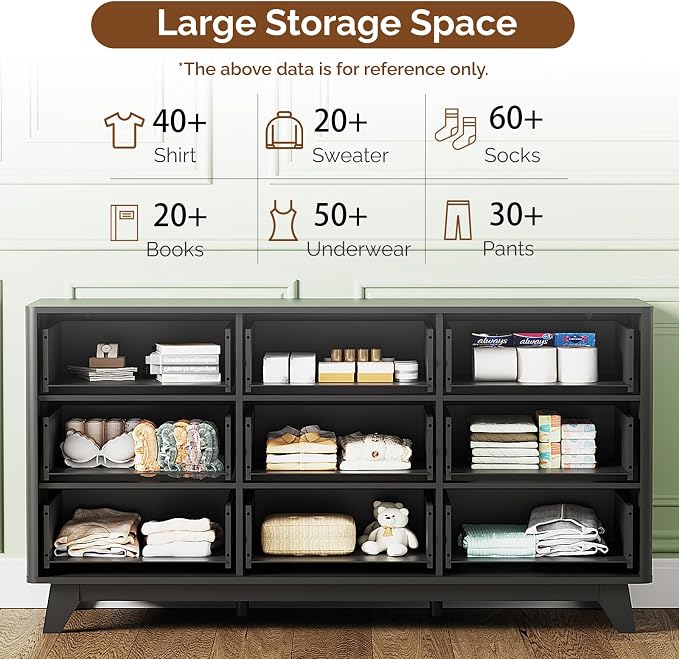 VINGLI Black Dresser 9 Drawer, Fluted Dresser with Rounded Edges, 57" Long Modern Dressers for Bedroom, Black and Gold, 57" W*15.75" D*29.92" H