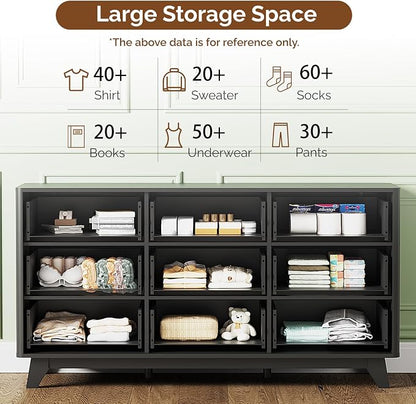 VINGLI Black Dresser 9 Drawer, Fluted Dresser with Rounded Edges, 57" Long Modern Dressers for Bedroom, Black and Gold, 57" W*15.75" D*29.92" H