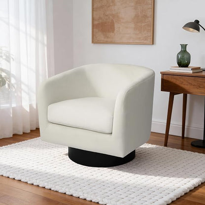 Swivel Barrel Accent Chair, Modern Round Chenille Fabric Arm Chair for Living Room, Bedroom, Comfy Club Reading Chairs for Adults（Velvet Ivory, Set of 1